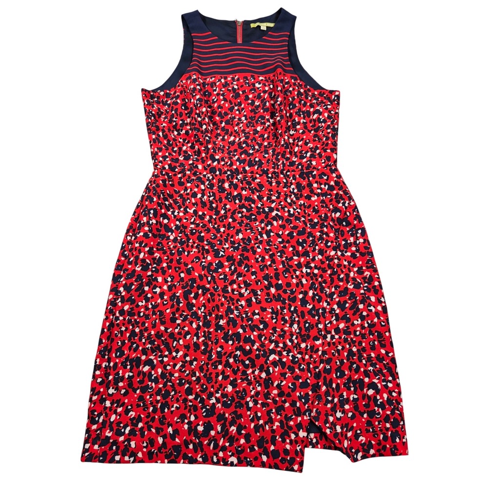 Gianni Bini Sheath Dress Womens 4 Red Navy Leopard Print Striped Yoke Slit